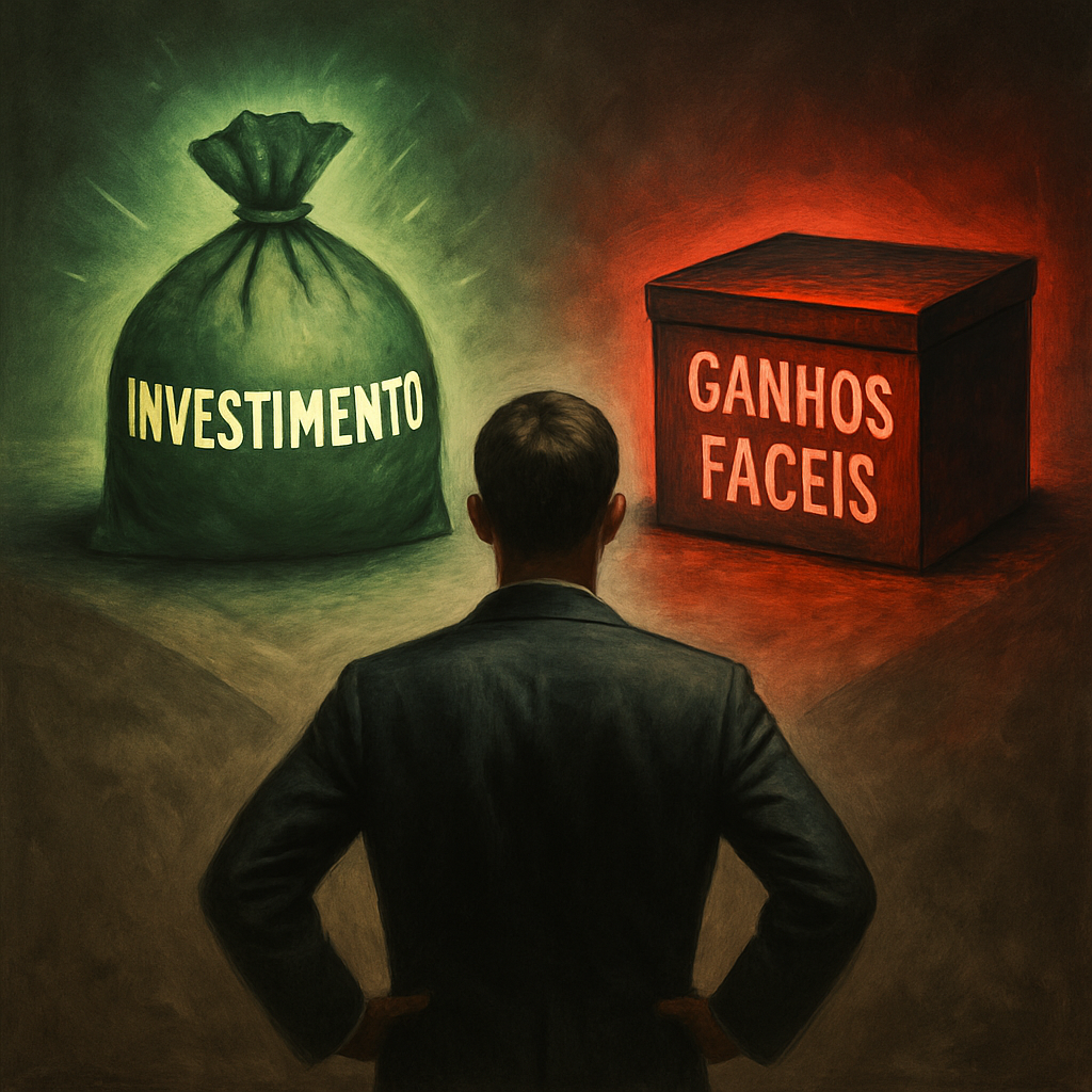 Homem observando duas opções: um saco verde com a palavra “Investimento” e uma caixa vermelha com “Ganhos Fáceis”, simbolizando a escolha entre investimentos responsáveis e promessas arriscadas.