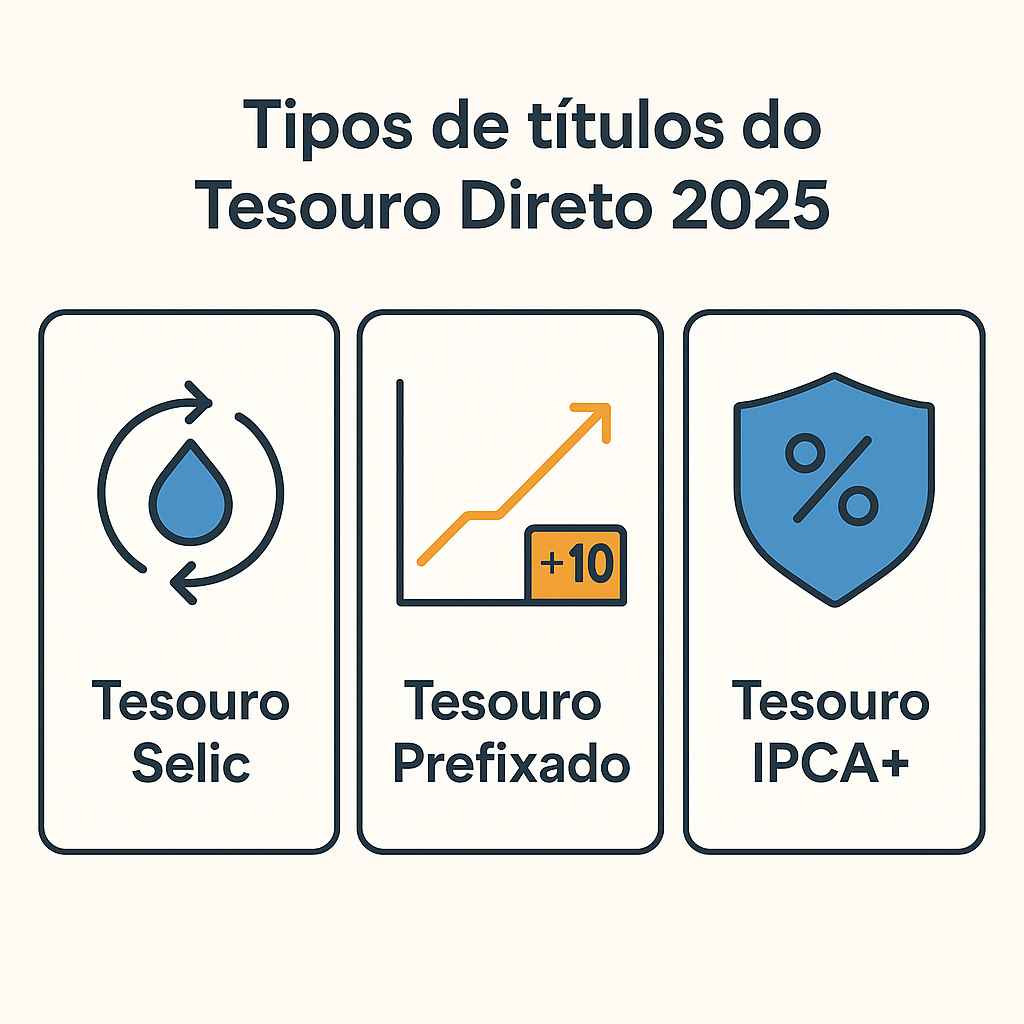 Infográfico mostrando os tipos de títulos do Tesouro Direto 2025: Tesouro Selic, Tesouro Prefixado e Tesouro IPCA+.