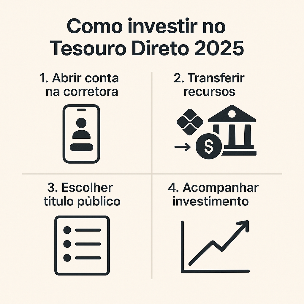 Infográfico mostrando os 4 passos para investir no Tesouro Direto 2025: abrir conta na corretora, transferir recursos, escolher o título público e acompanhar o investimento.