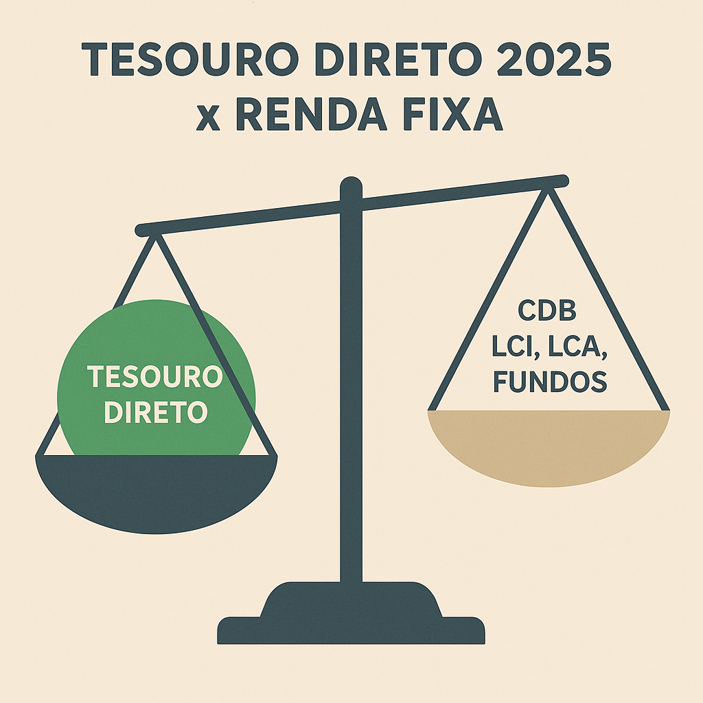 Ilustração de uma balança comparando Tesouro Direto 2025 com outros investimentos de renda fixa como CDB, LCI, LCA e Fundos. O lado do Tesouro Direto aparece mais pesado.
