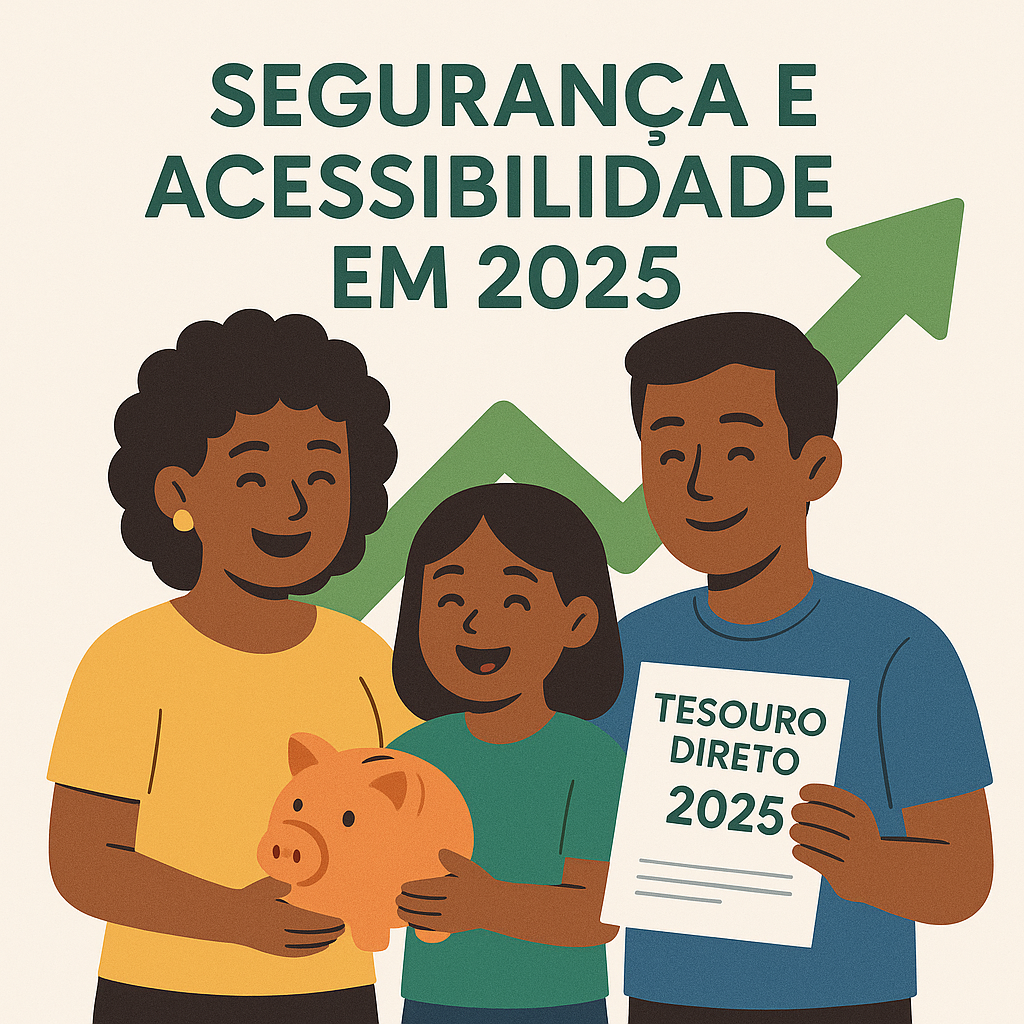 Família sorridente representando segurança e acessibilidade financeira em 2025, com cofre de porquinho e documento do Tesouro Direto 2025.