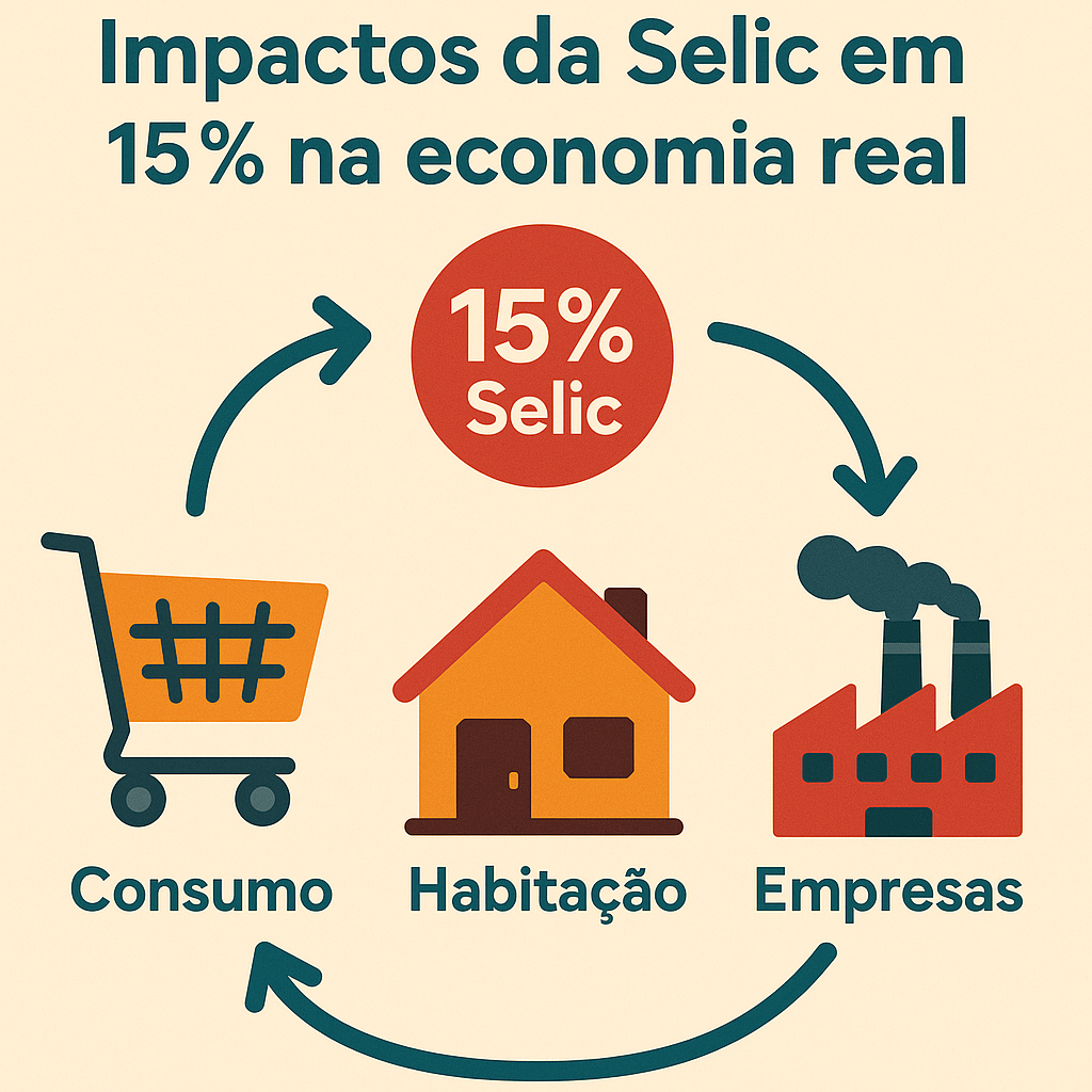 Infográfico mostrando os impactos da Selic sobre consumo, habitação e empresas.