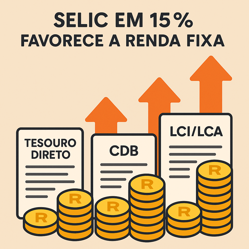 Infográfico com pilhas de moedas e setas para cima mostrando Tesouro Direto, CDB e LCI/LCA valorizados pela alta da Selic.