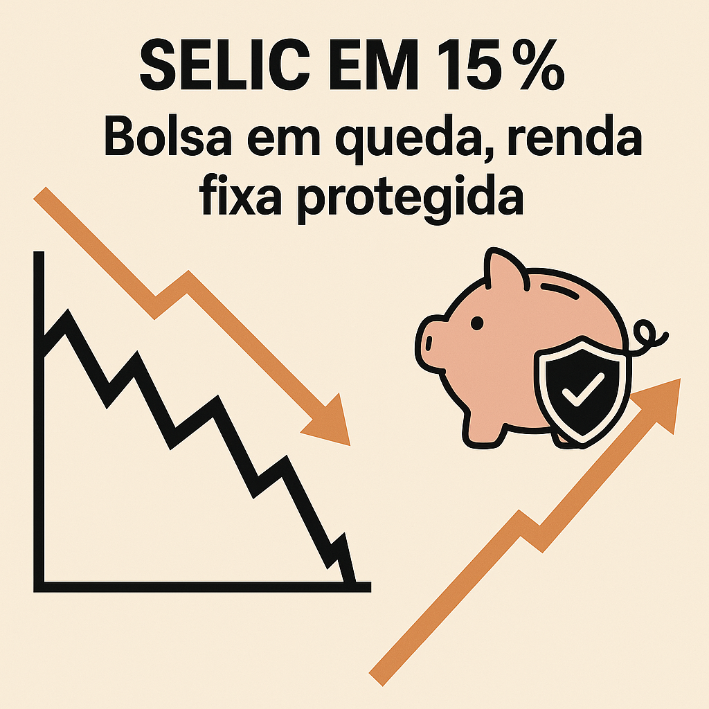 Gráfico em queda com seta laranja apontando para baixo ao lado de um cofrinho com escudo de proteção, representando segurança da renda fixa com a Selic.