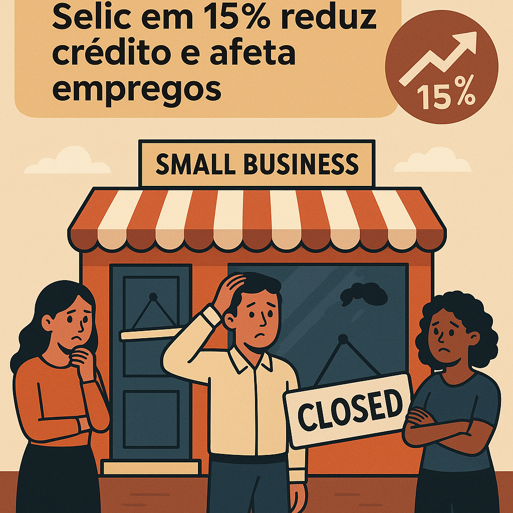 Ilustração de três pessoas preocupadas em frente a uma pequena loja fechada, com uma placa de “Closed” e o letreiro “Small Business”; acima, o texto destaca que a Selic em 15% reduz crédito e afeta empregos.