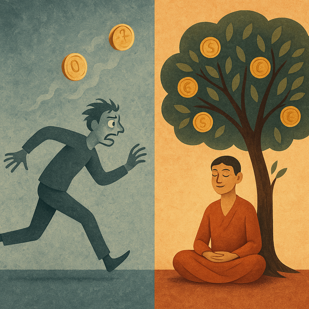 Comparação entre pessoa ansiosa perseguindo moedas e pessoa tranquila colhendo frutos do tempo