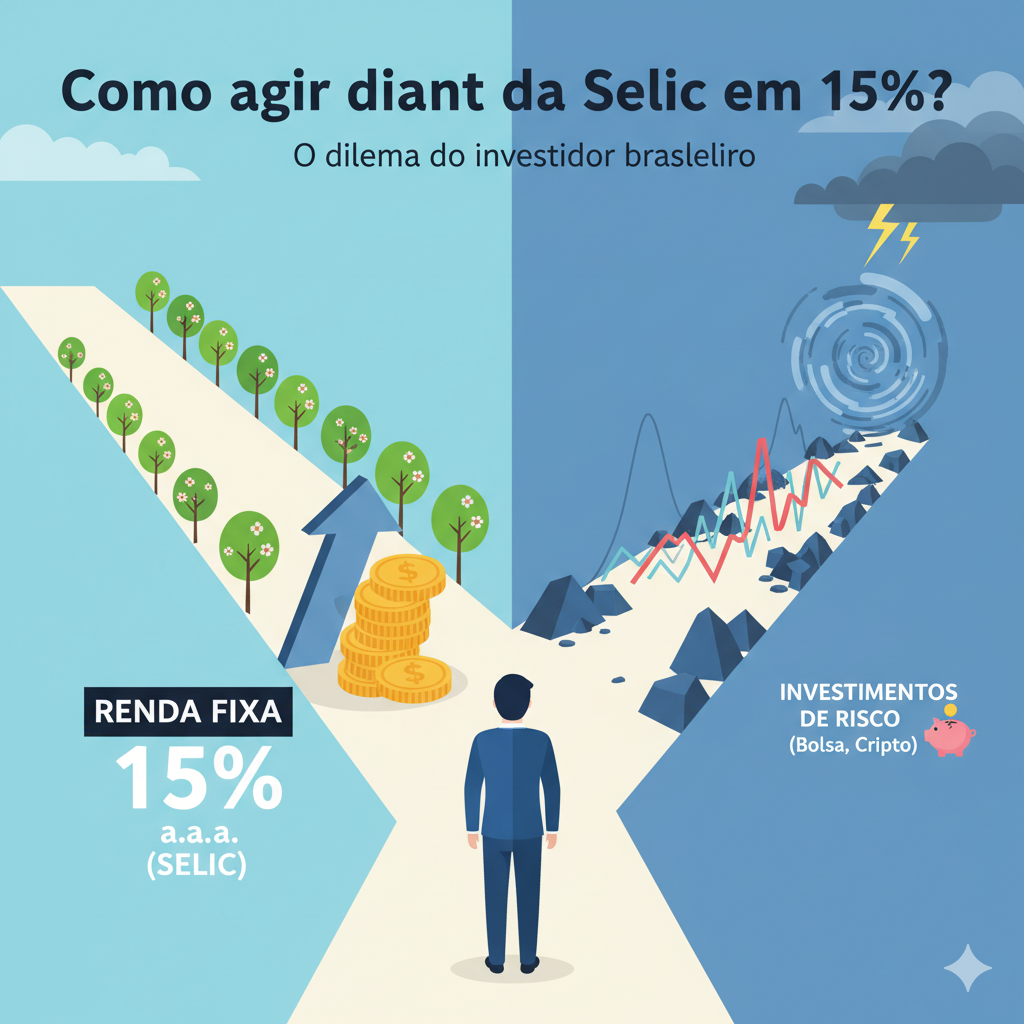Homem diante de uma bifurcação: à esquerda, caminho da renda fixa Selic 15% com árvores e moedas; à direita, estrada de investimentos de risco com gráficos, nuvem de tempestade e relâmpago.