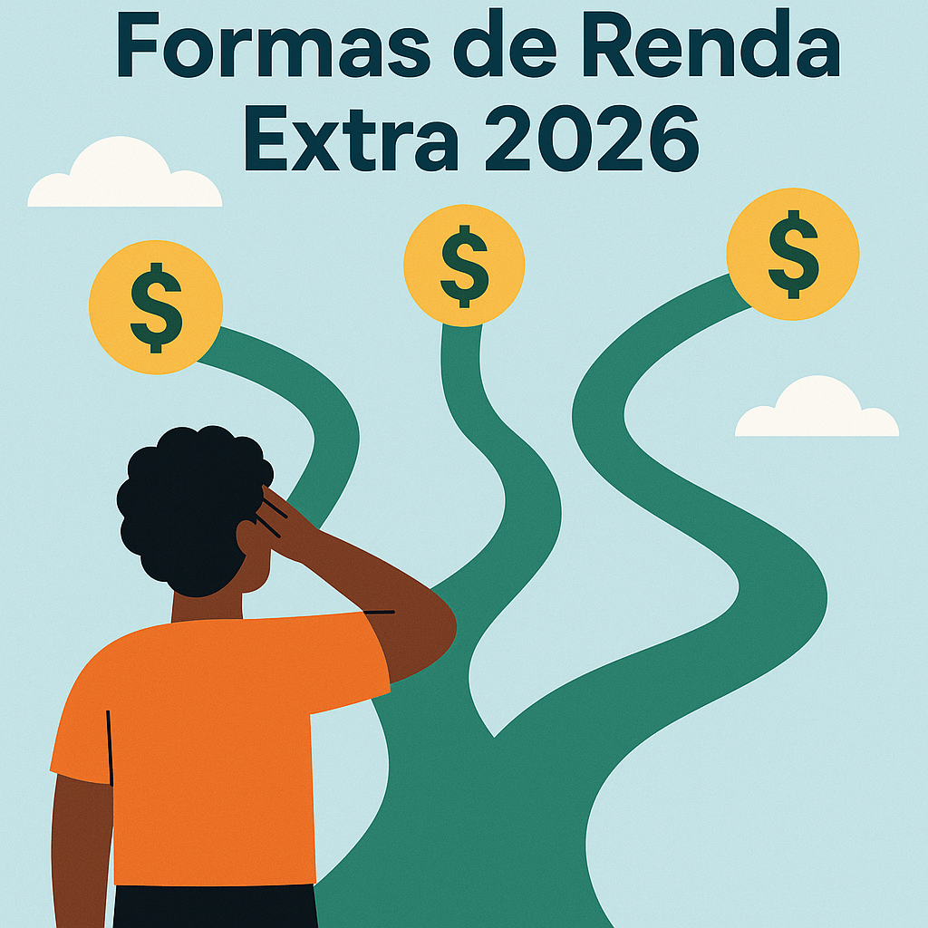 Ilustração de uma pessoa olhando para três caminhos em formato de galhos que levam a moedas com símbolo de cifrão, representando diferentes formas de renda extra em 2026.