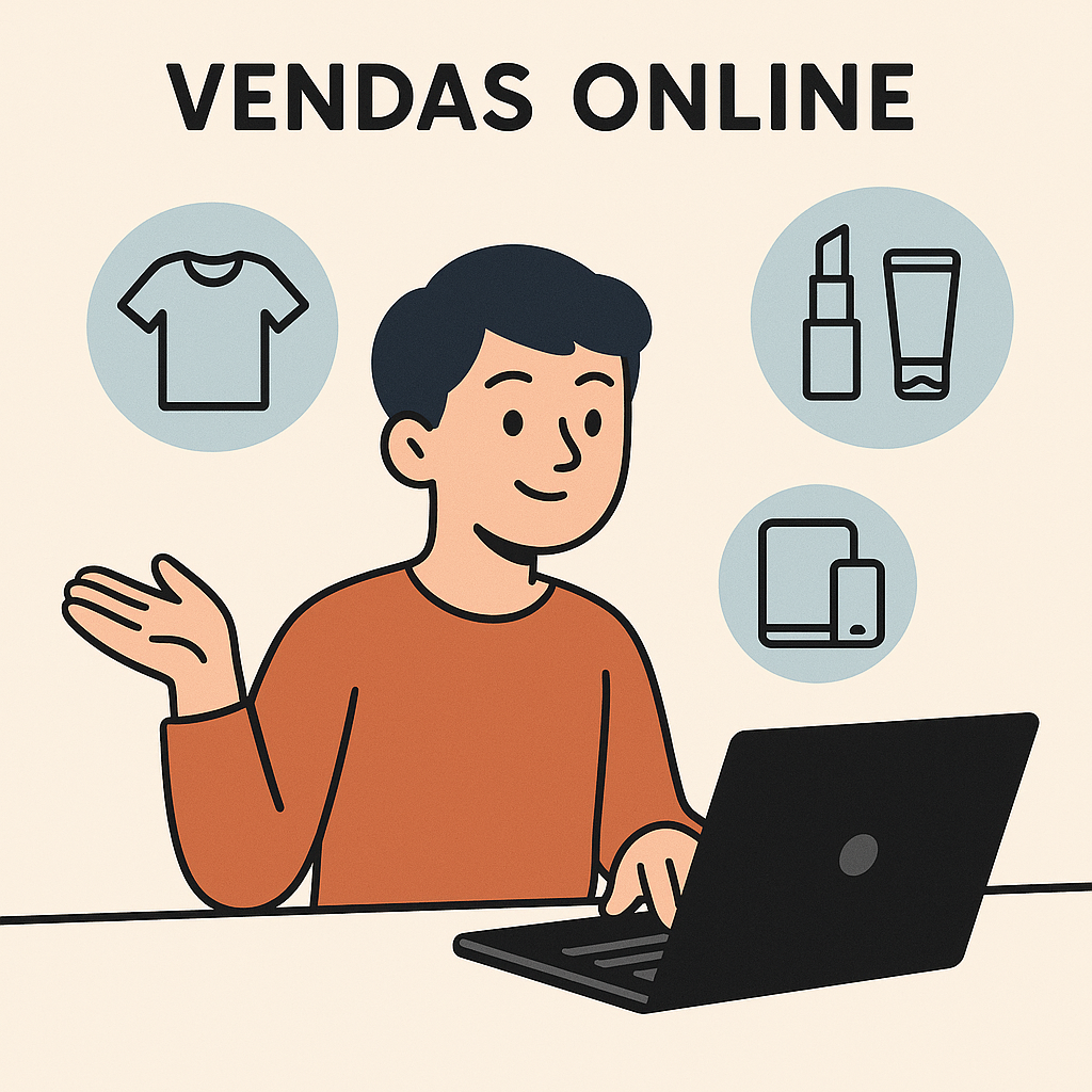Pessoa sorridente utilizando um notebook, rodeada por ícones de produtos como camiseta, cosméticos e carteira digital, representando vendas online.