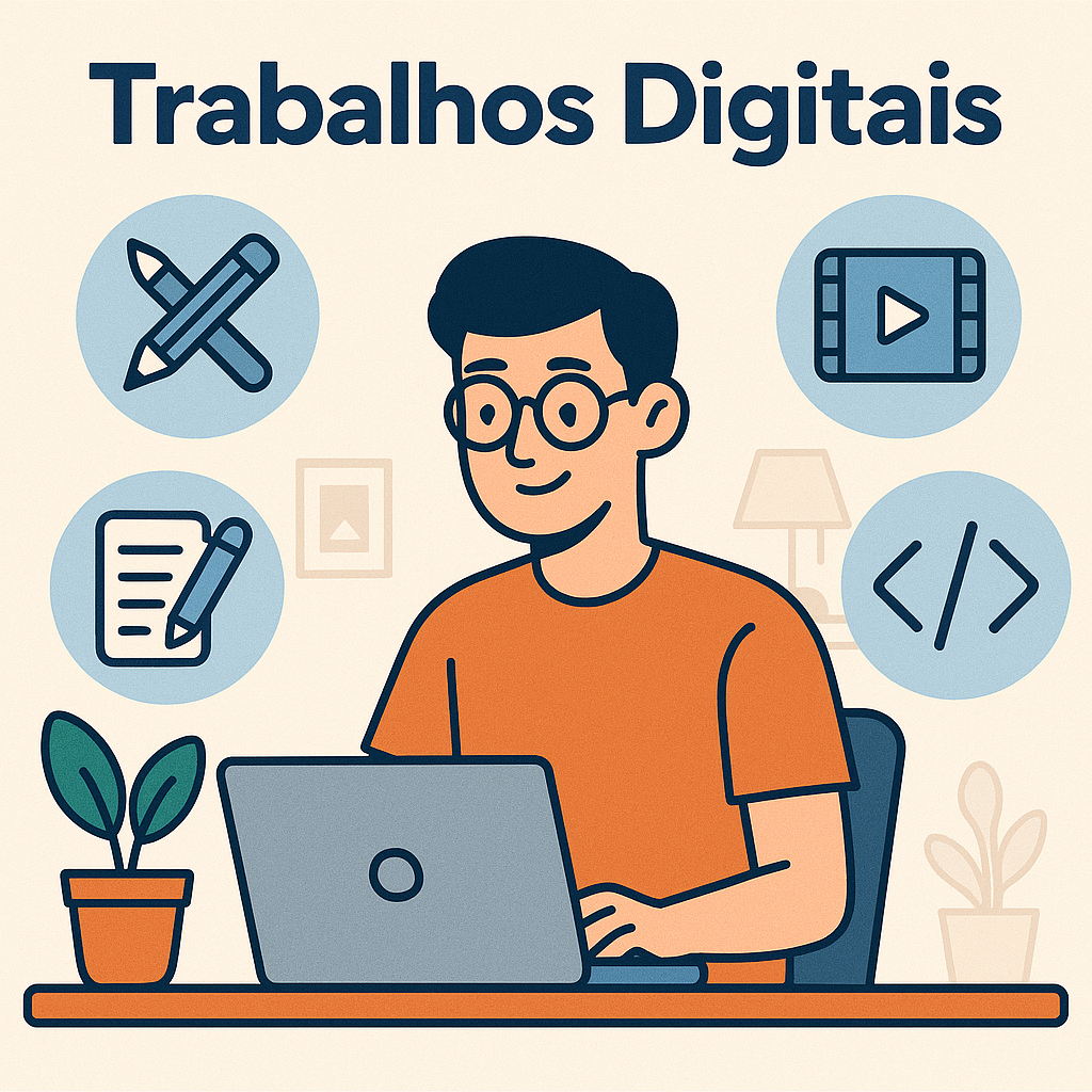 Pessoa com óculos usando notebook, cercada por ícones que representam escrita, design, programação e edição de vídeo, simbolizando trabalhos digitais.