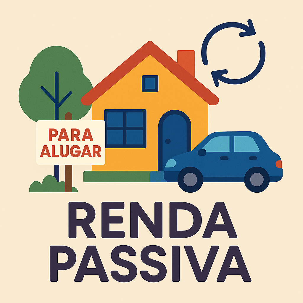 Casa amarela com placa “Para Alugar” ao lado, carro azul estacionado em frente e setas circulares acima, representando renda passiva por aluguel.