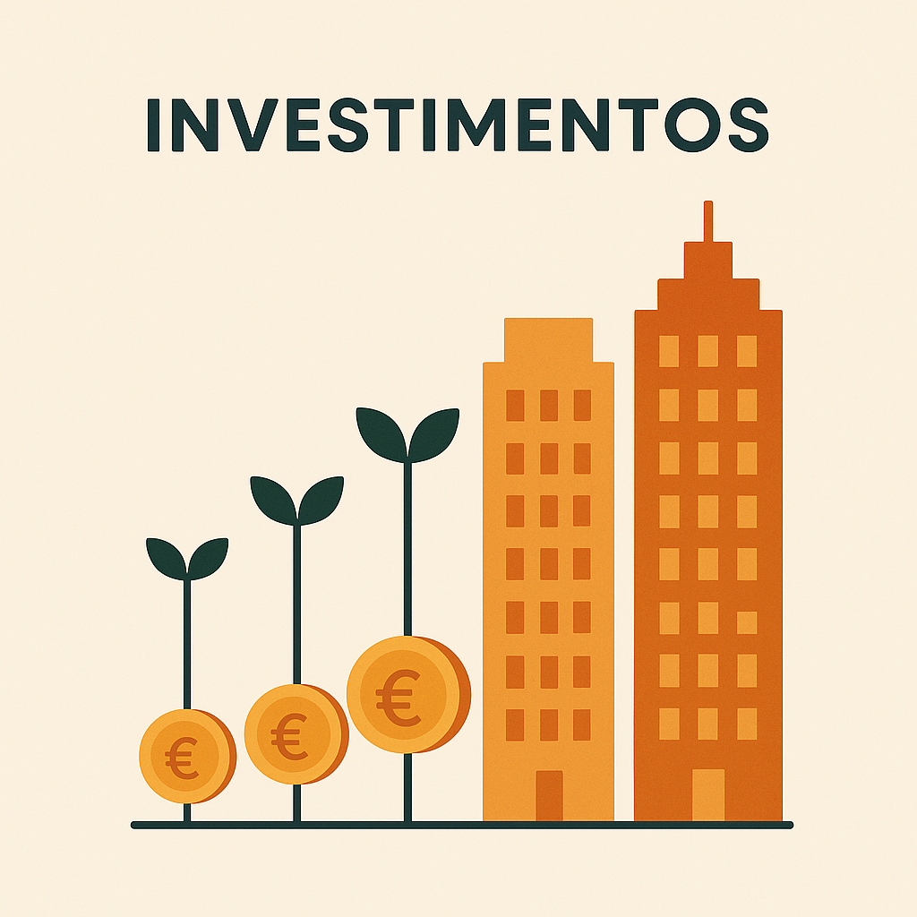 Moedas crescendo em plantas ao lado de prédios, representando crescimento de investimentos.