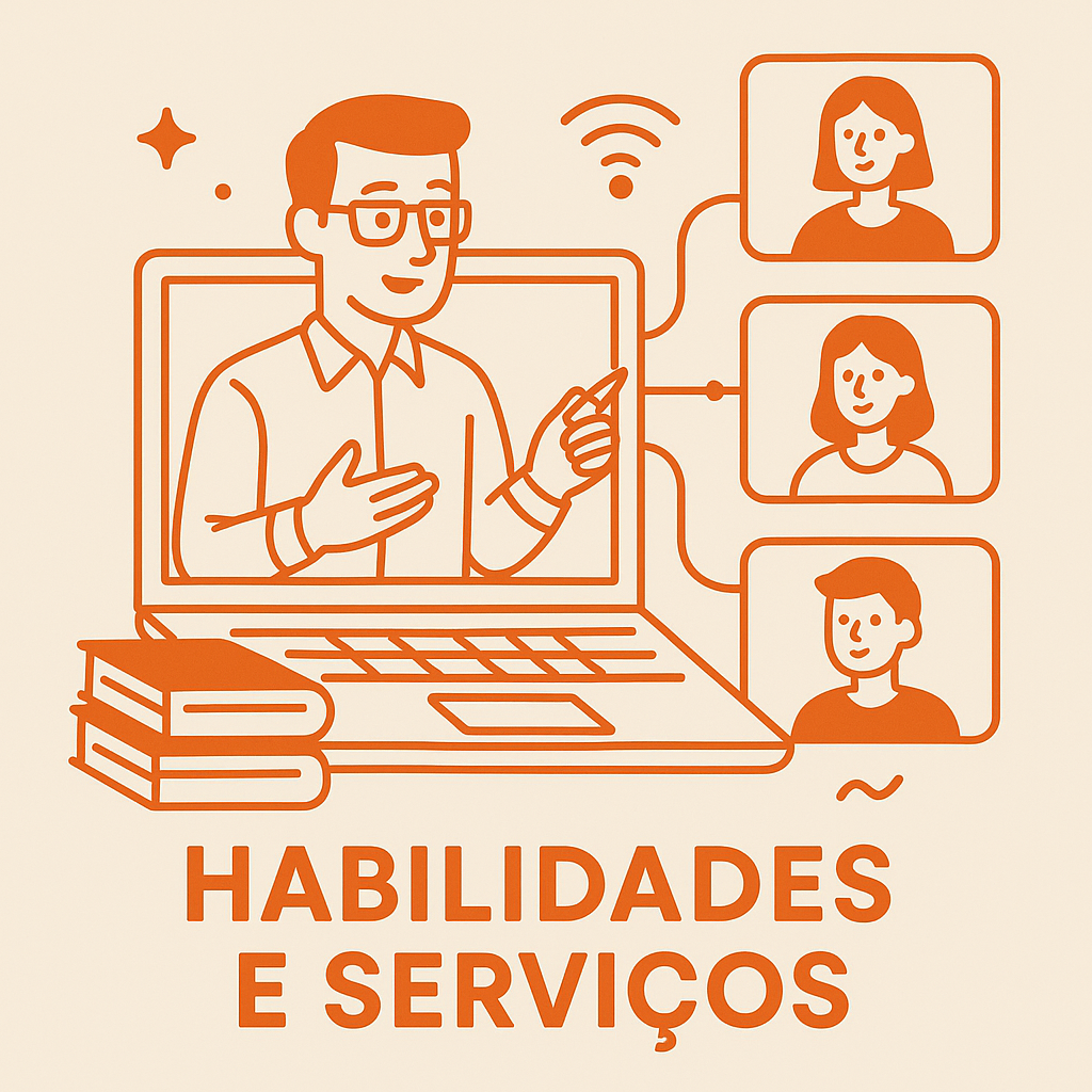 Pessoa dando aula online pelo computador para três alunos conectados.