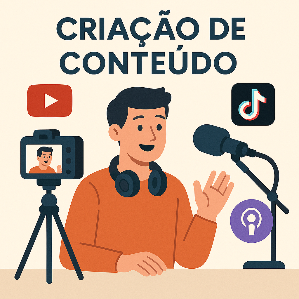 Pessoa gravando vídeo e áudio para redes sociais e podcasts.