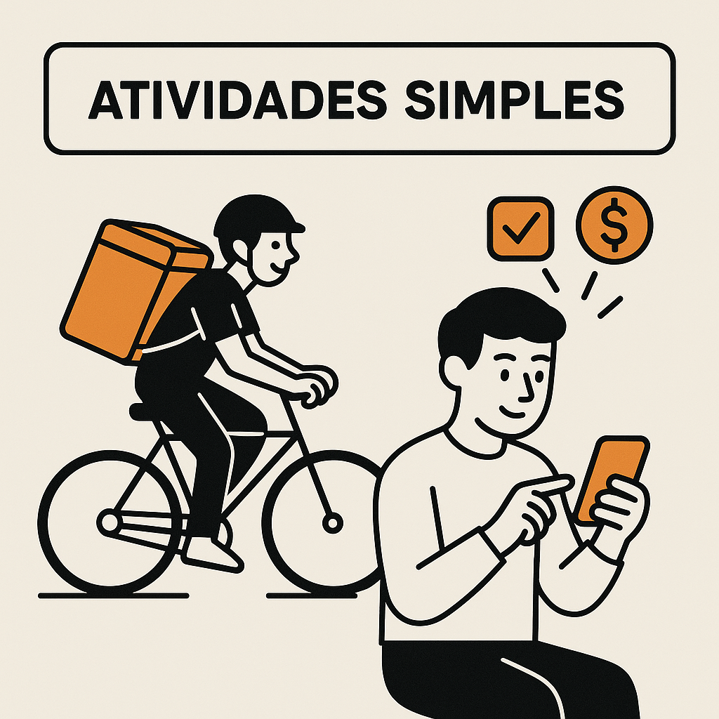 Ilustração de um entregador de bicicleta e uma pessoa usando o celular com ícones de dinheiro e tarefa concluída.
