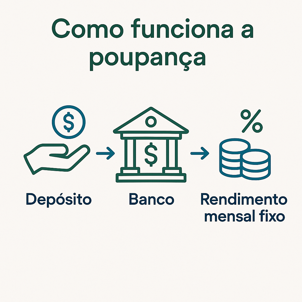 Infográfico mostrando o funcionamento da poupança: depósito, banco e rendimento mensal fixo.