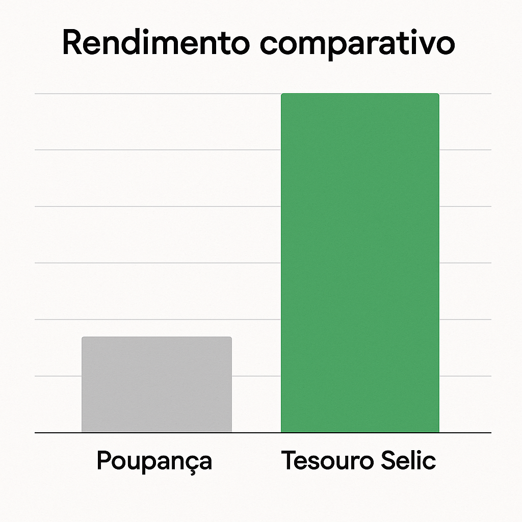 Gráfico de barras comparando rendimento da poupança com o Tesouro Selic.