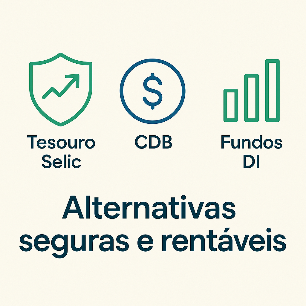 Ícones representando Tesouro Selic, CDB e Fundos DI como opções de investimento.