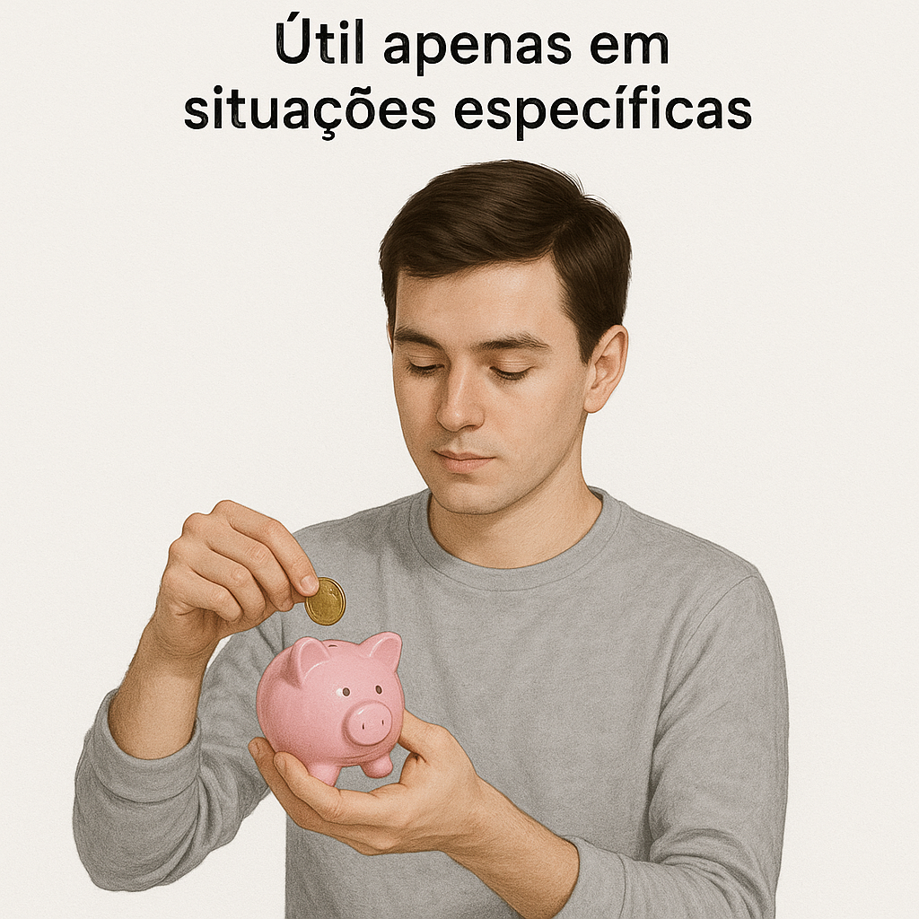 Homem jovem colocando moeda em um cofrinho rosa.