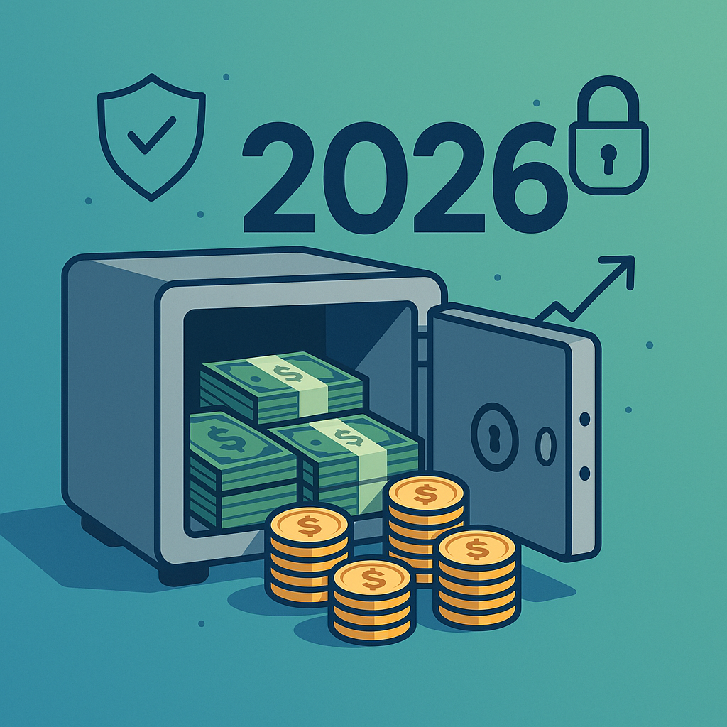 Ilustração de um cofre aberto com pilhas de dinheiro e moedas, representando crescimento financeiro em 2026.