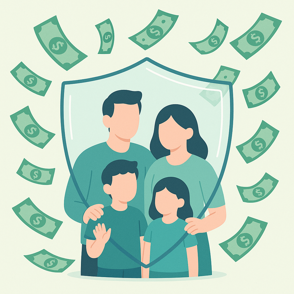 Ilustração de uma família protegida por um escudo transparente, cercada por notas de dinheiro.