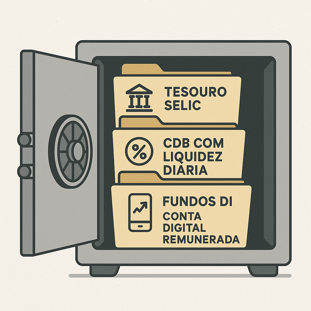 Ilustração de um cofre aberto com pastas rotuladas como Tesouro Selic, CDB com liquidez diária e Fundos DI de conta digital remunerada.