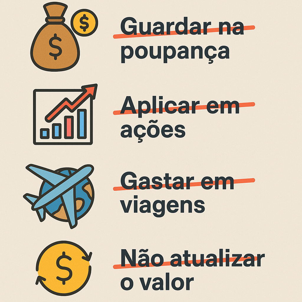 Infográfico ilustrando erros comuns no uso do dinheiro, com exemplos riscados em vermelho.