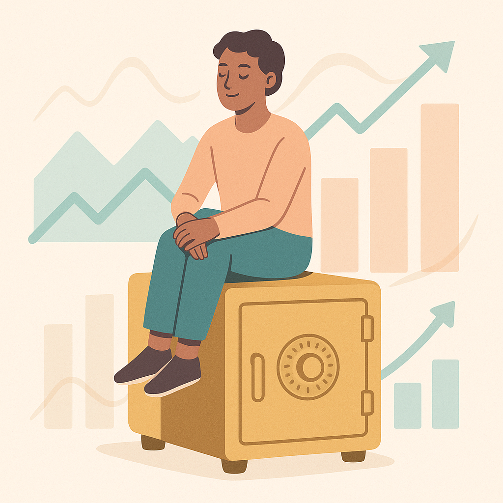 Pessoa sentada de forma tranquila sobre um cofre dourado com gráficos de crescimento ao fundo.