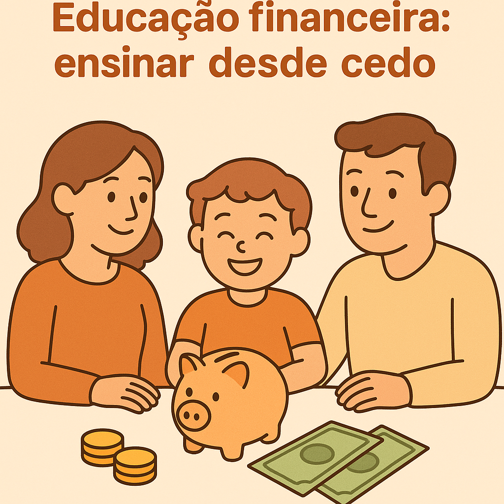 Família sorridente com pai, mãe e filho ao redor de um cofre em formato de porquinho, moedas e notas de dinheiro.