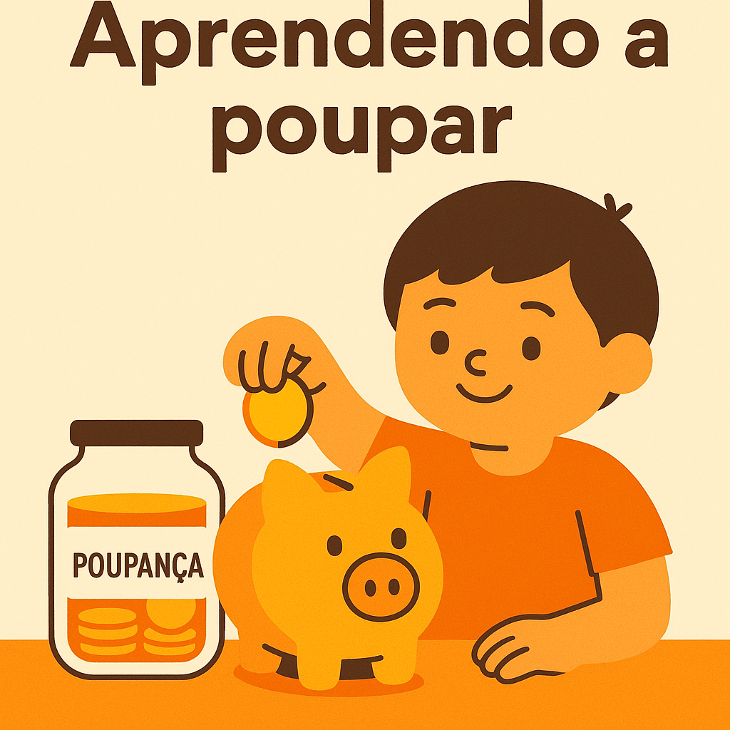 Criança sorridente coloca uma moeda em um cofrinho em formato de porquinho, ao lado de um pote escrito “Poupança”.