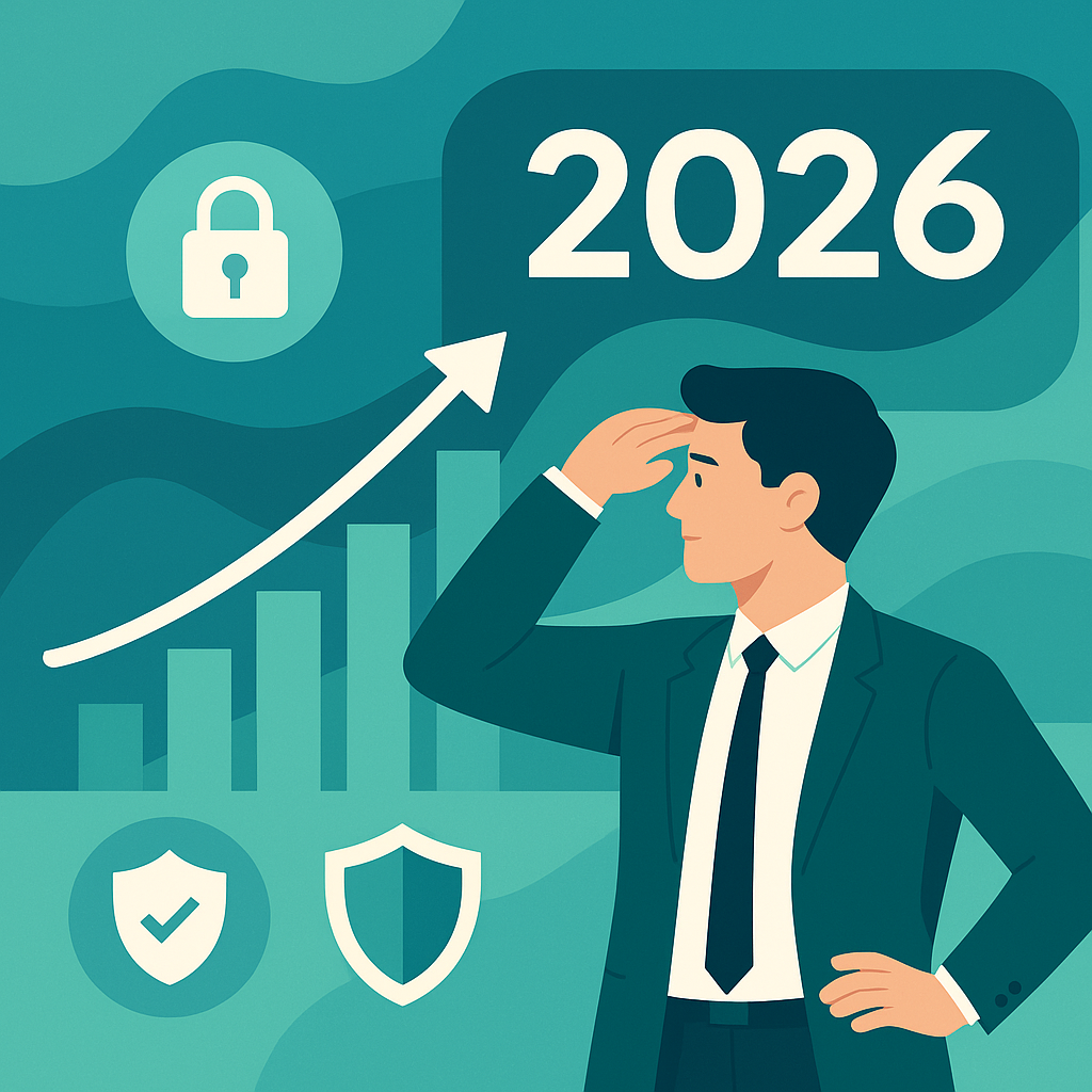 Ilustração de um homem de negócios olhando para o futuro com gráficos de crescimento e símbolos de segurança em destaque para o ano de 2026.