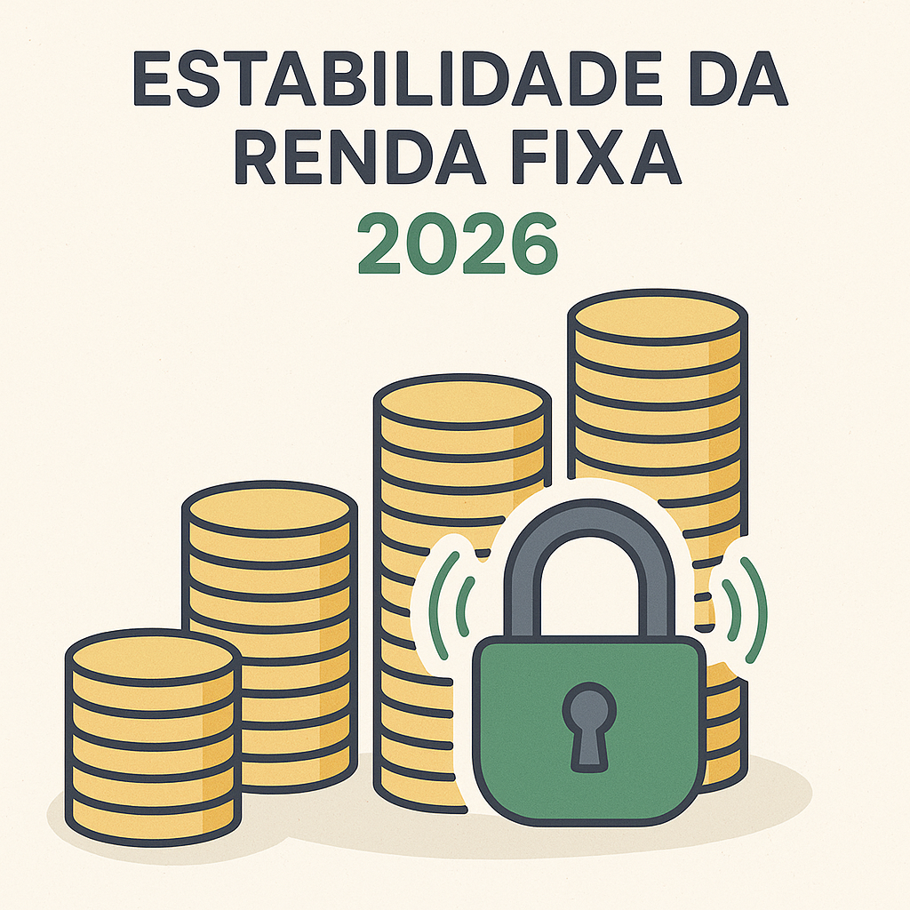 Ilustração de pilhas de moedas douradas com um cadeado verde na frente, simbolizando segurança na renda fixa em 2026.