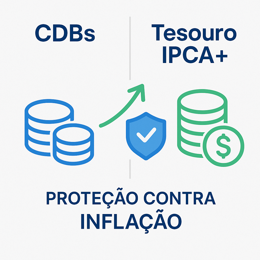 Ilustração comparando CDBs e Tesouro IPCA+, com moedas, escudo de proteção e seta verde apontando para valorização, representando proteção contra a inflação.
