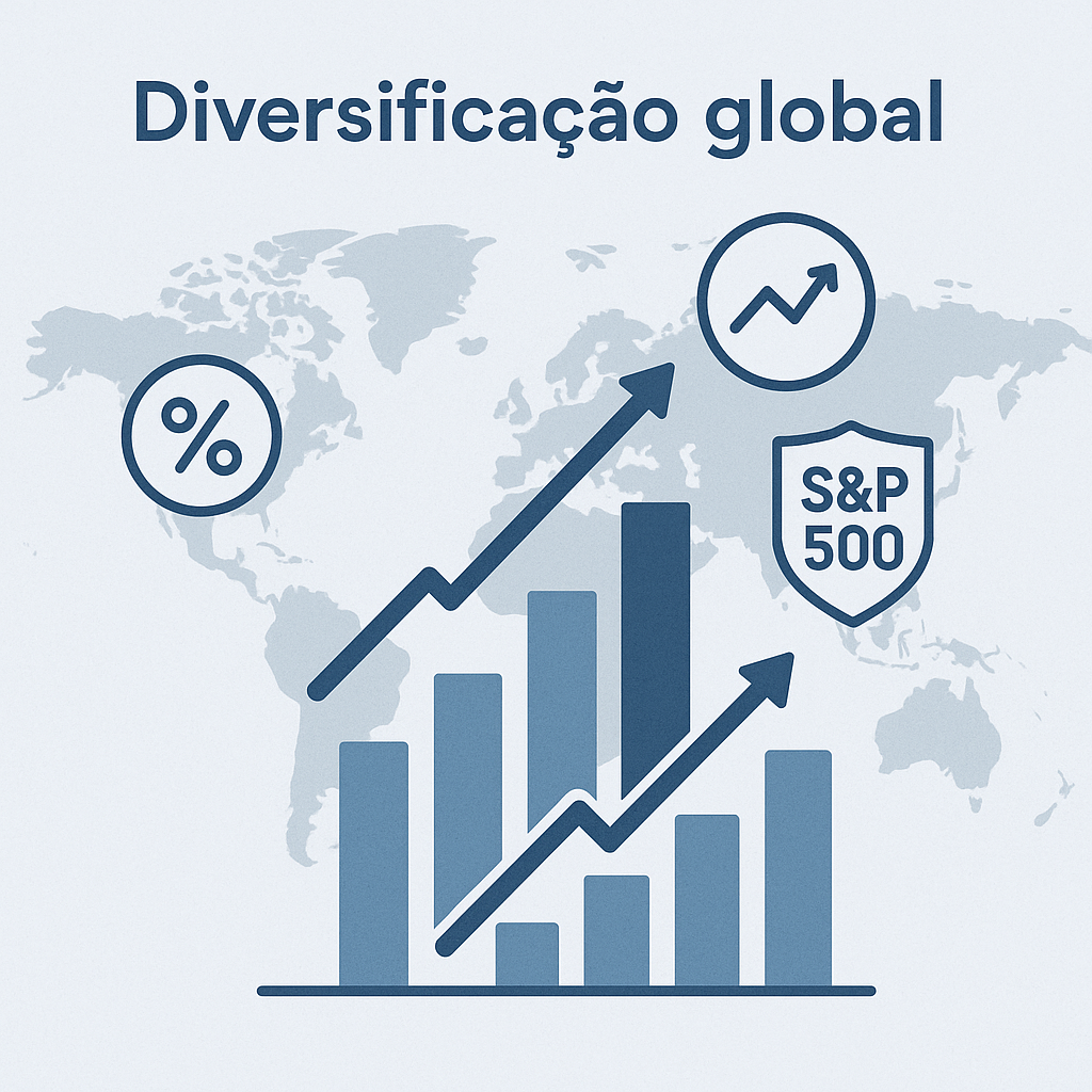 Ilustração com gráfico de barras em crescimento sobre um mapa-múndi, ícones de rendimento e o símbolo do índice S&P 500, representando diversificação global de investimentos.
