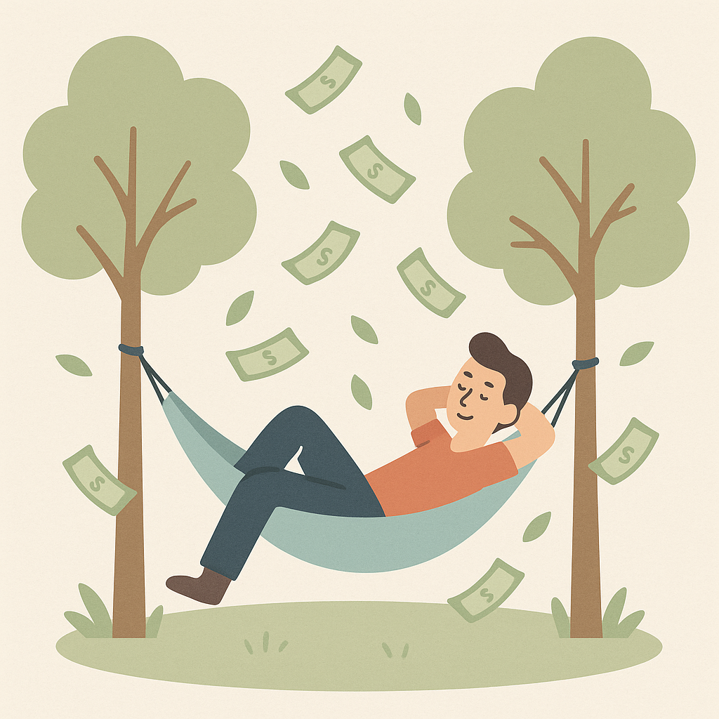 Ilustração de um homem relaxando em uma rede presa entre duas árvores, enquanto notas de dinheiro caem ao seu redor, simbolizando renda passiva e tranquilidade financeira.