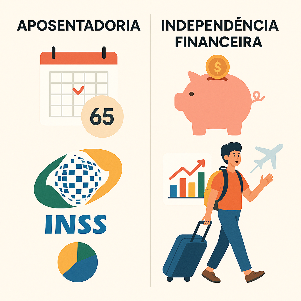 Comparação entre aposentadoria tradicional e independência financeira, mostrando ícones do INSS, poupança e liberdade para viajar.