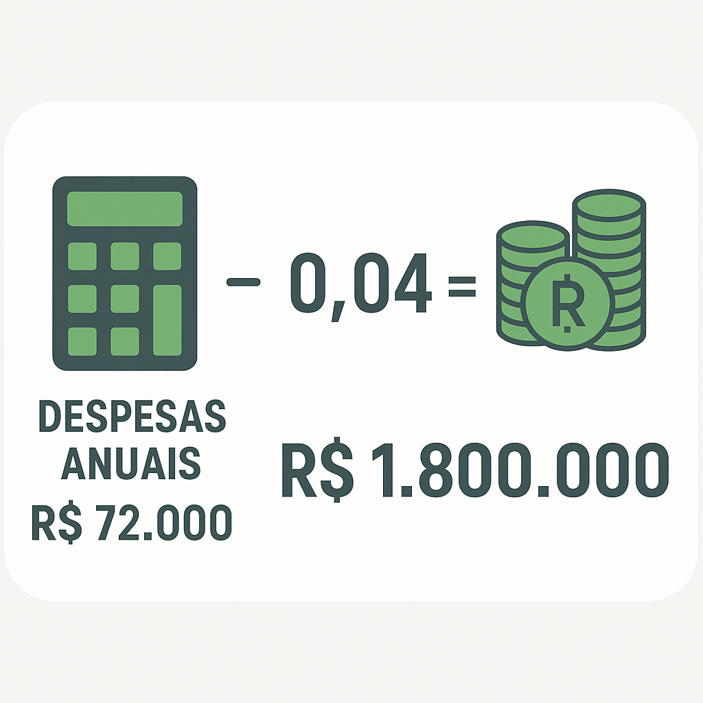 Cálculo financeiro mostrando despesas anuais de 72 mil reais e resultado de 1 milhão e 800 mil reais aplicando a regra dos 4%.