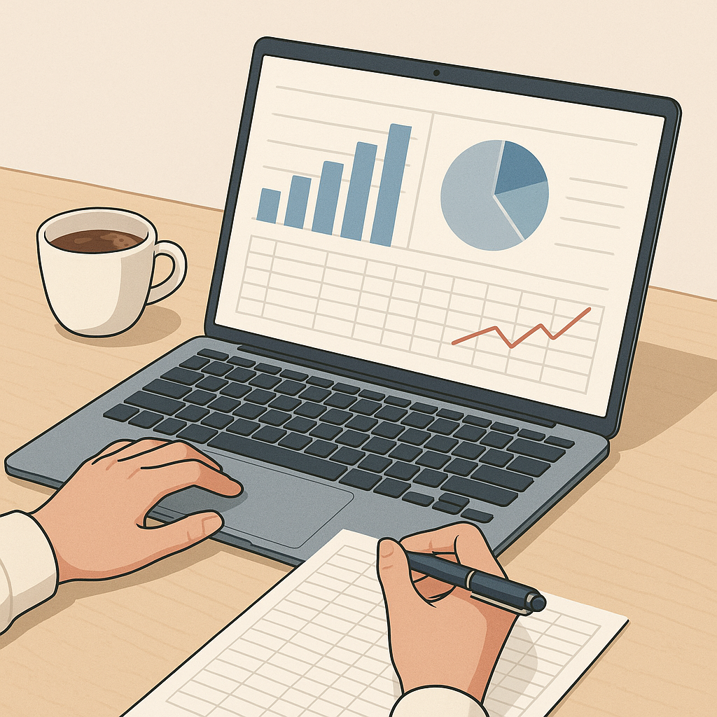 Pessoa analisando planilha financeira no notebook com gráficos de crescimento e pizza, representando organização financeira digital.