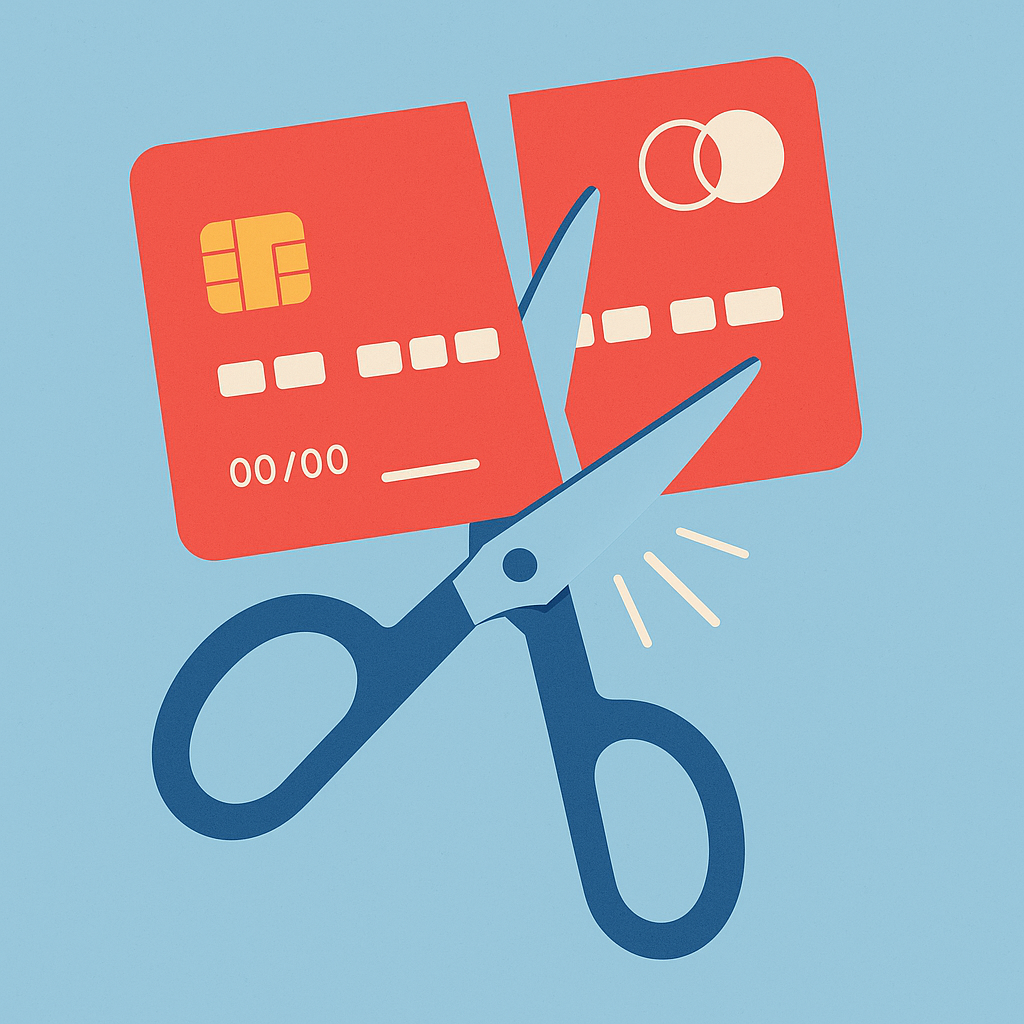 Tesoura cortando cartão de crédito vermelho, simbolizando controle financeiro e eliminação de dívidas.