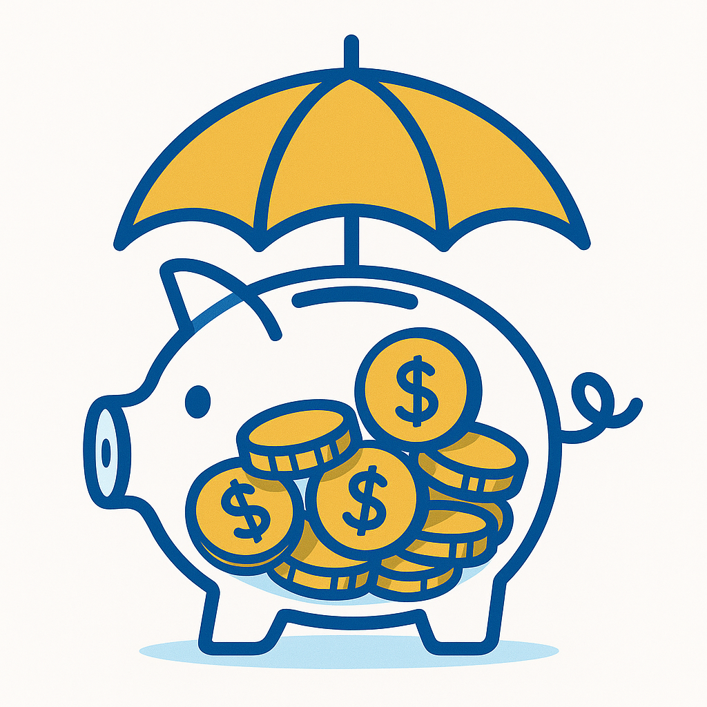 Cofrinho cheio de moedas douradas protegido por um guarda-chuva amarelo, representando segurança financeira.