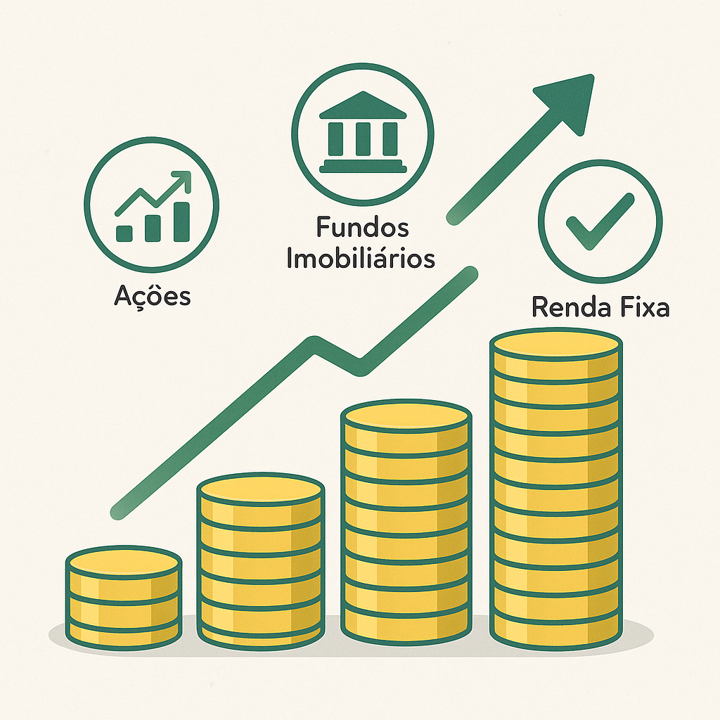 Gráfico de crescimento com pilhas de moedas representando ações, fundos imobiliários e renda fixa.