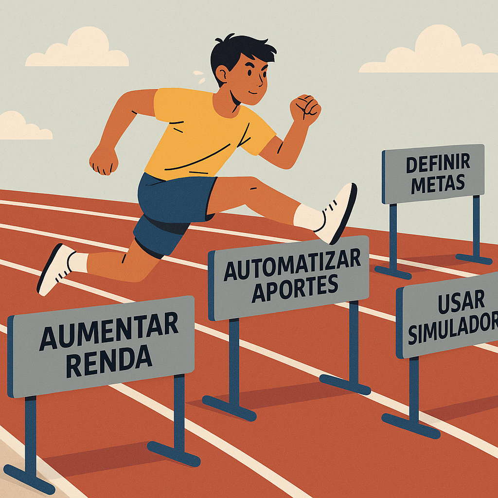 Ilustração de um jovem correndo em pista de atletismo e superando barreiras financeiras como aumentar renda, automatizar aportes, definir metas e usar simulador.