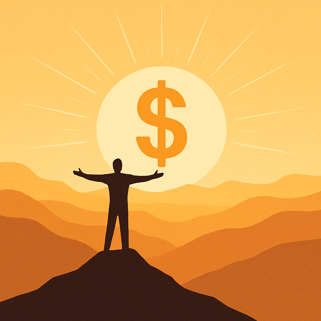 Pessoa de braços abertos no topo da montanha diante de um sol com símbolo de dinheiro, representando liberdade financeira.