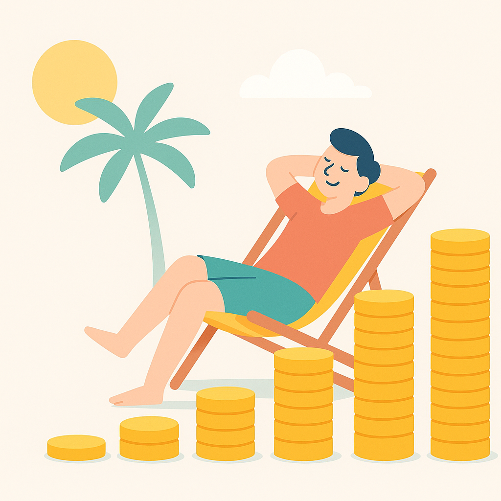 Homem relaxando em uma espreguiçadeira na praia ao lado de pilhas de moedas representando independência financeira.