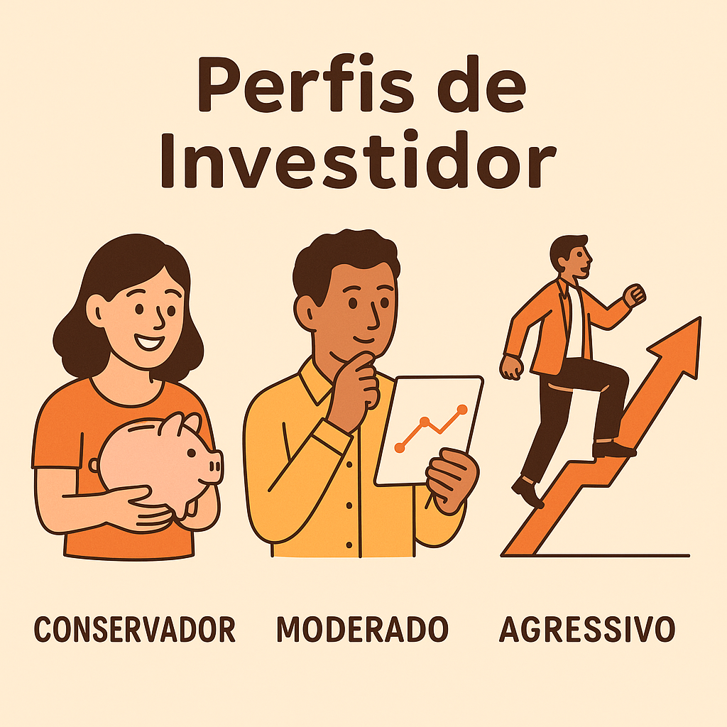 Três pessoas representando os perfis de investidor: conservador, moderado e agressivo.