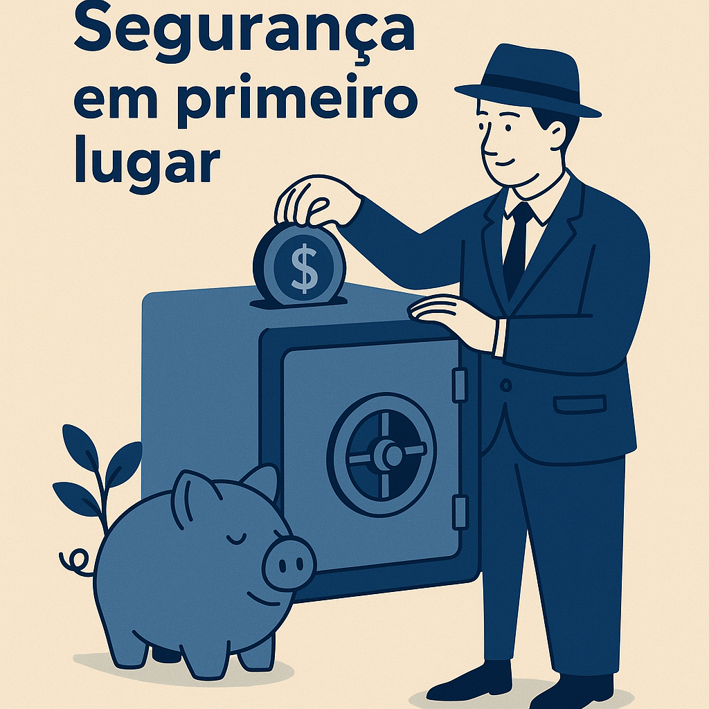 Homem de terno colocando moeda em um cofre, simbolizando segurança financeira.