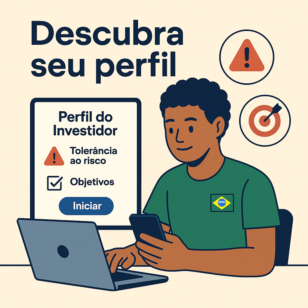 Jovem brasileiro usando notebook e celular para descobrir seu perfil de investidor.