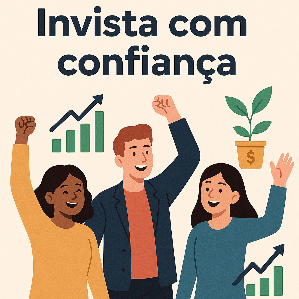 Três pessoas comemorando juntas o sucesso dos investimentos.