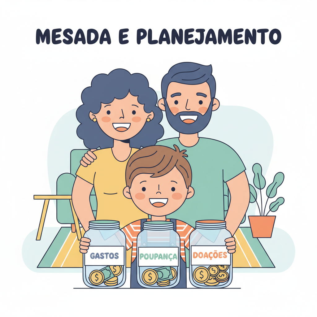 Criança sorridente segura três potes transparentes rotulados como