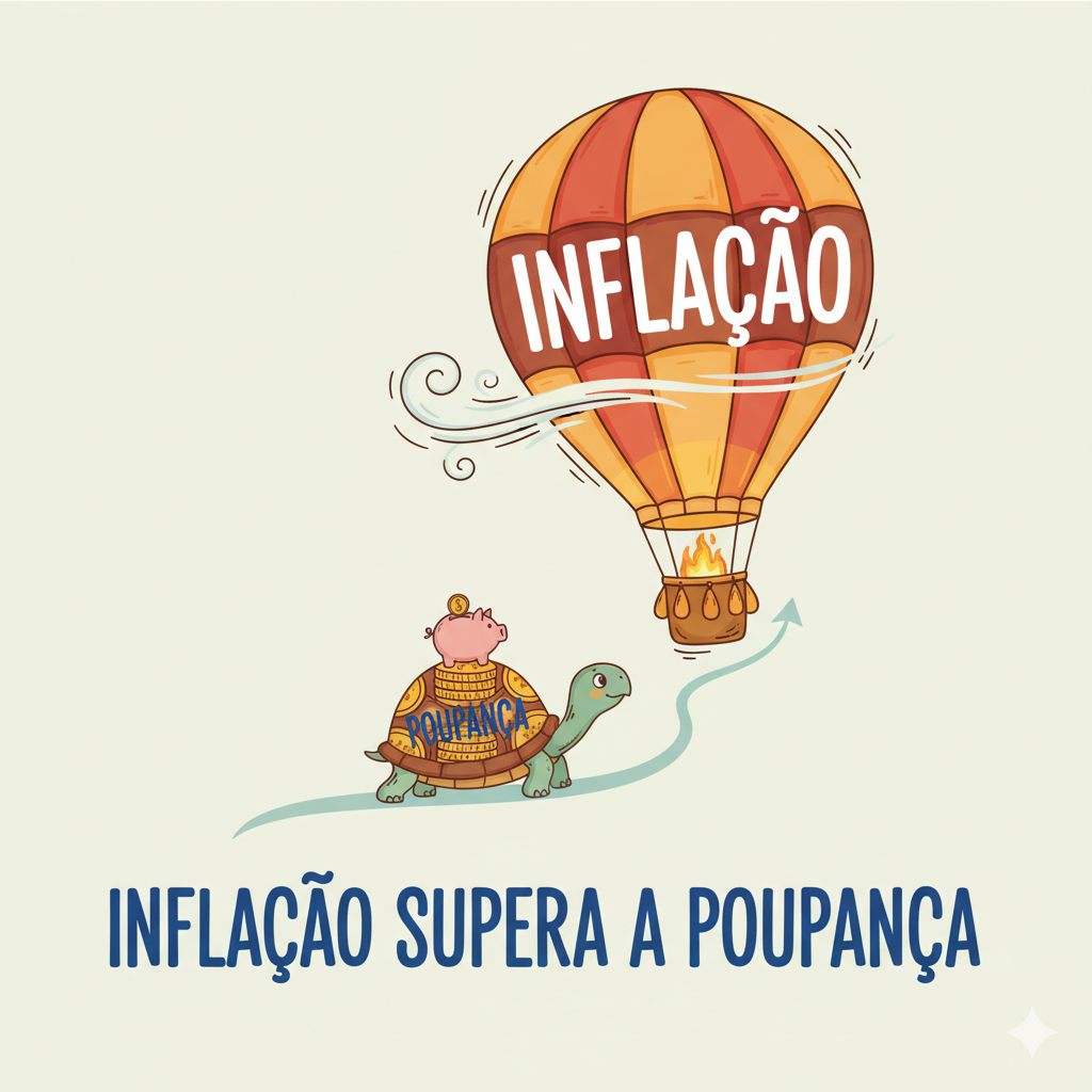 Balão de ar quente escrito “Inflação” subindo mais rápido que uma tartaruga carregando um cofre de poupança.